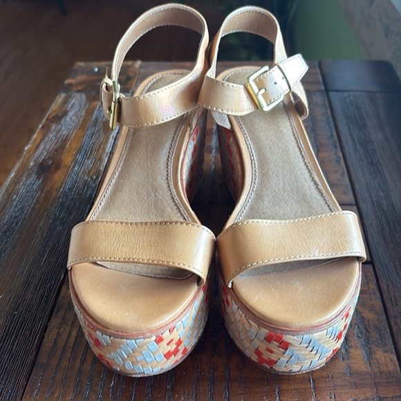 Frye RARE Wedge Platforms Ankle Strap Leather Tan gray red tan basket weave - Picture 9 of 17